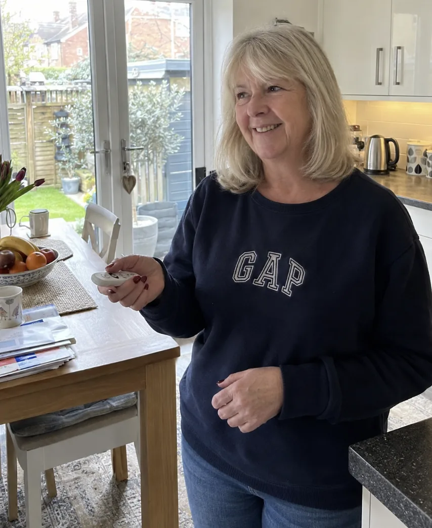 Customer holding a smart device in her kitchen