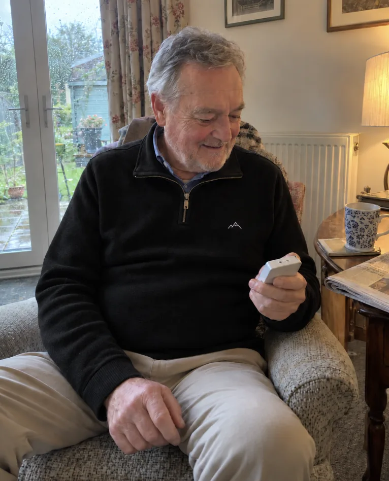 Customer holding a smart device in his lounge