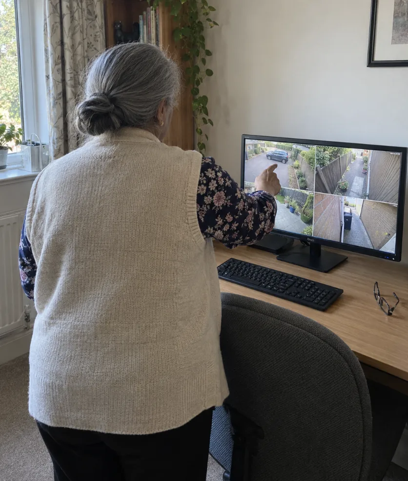 Customer at her desk viewing CCTV camera feeds on a monitor