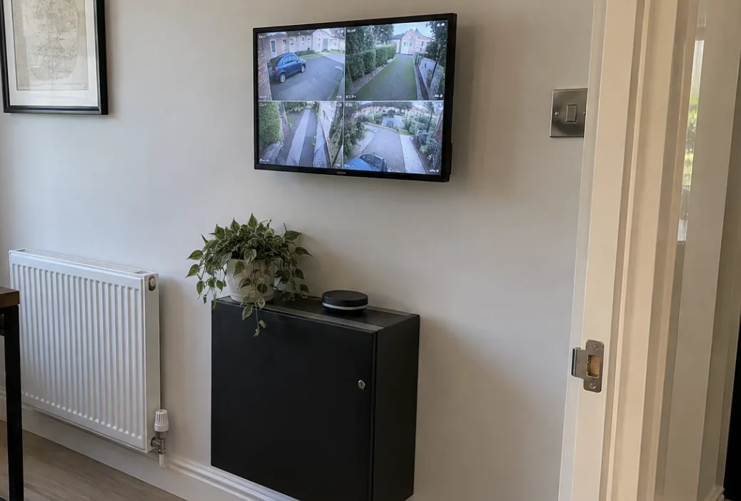 Hallway with a wall mounted CCTV monitor installed by AC Home Tech