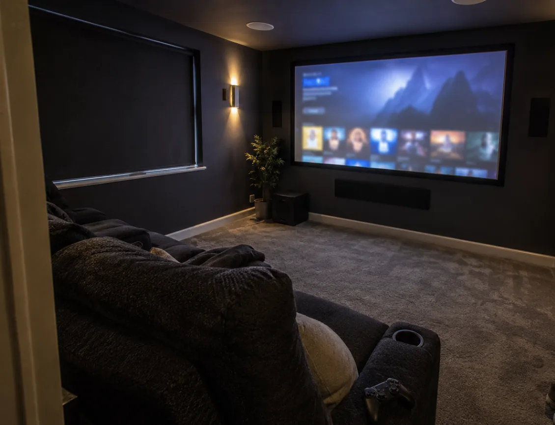 Home cinema with projector screen and surround sound