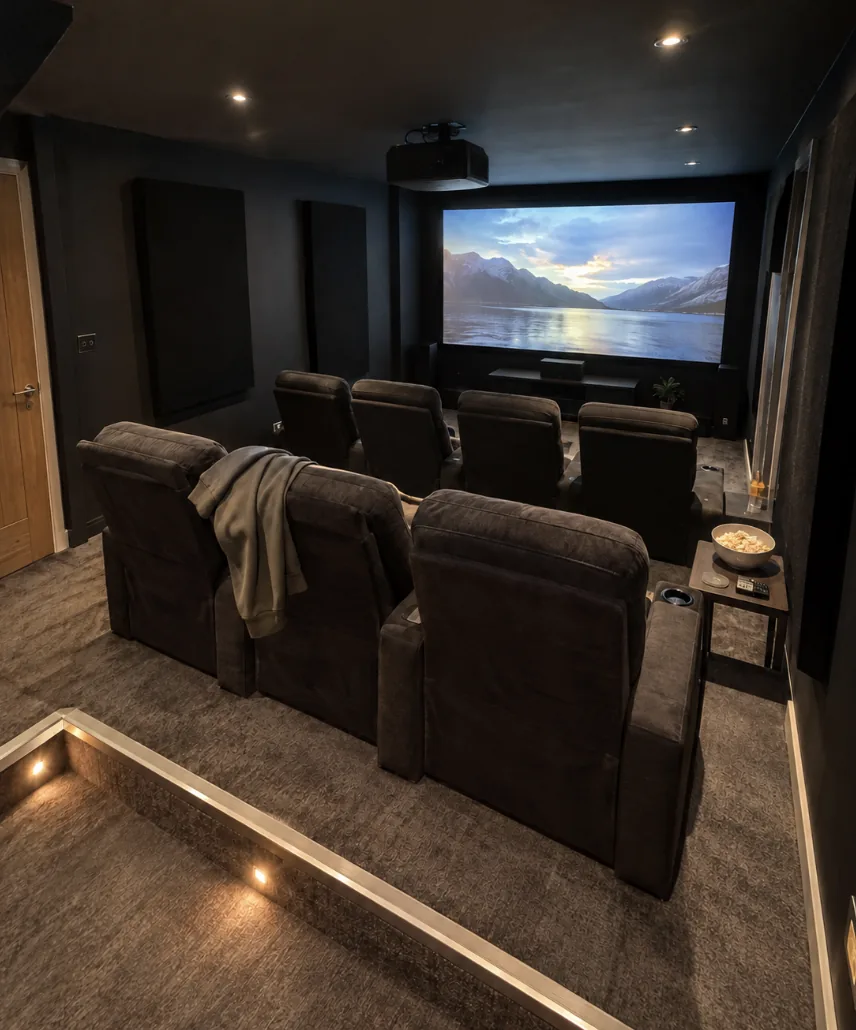 Home cinema with tiered seating and step lighting