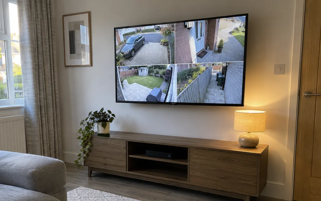 Four CCTV camera feeds shown on a living room TV