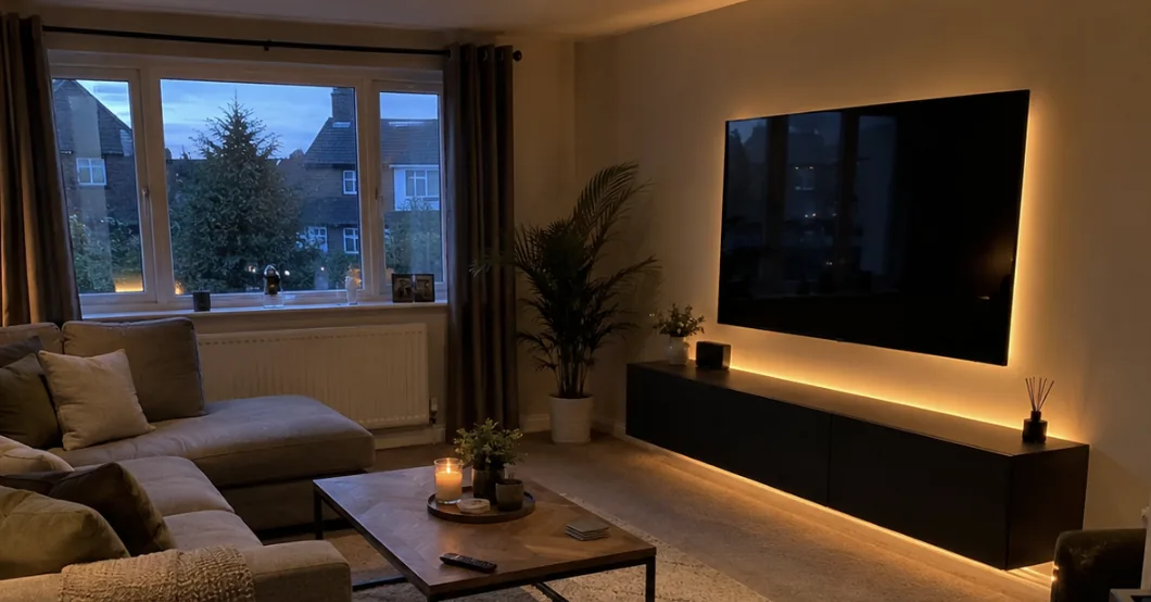 Wall mounted TV above a media unit with under lighting