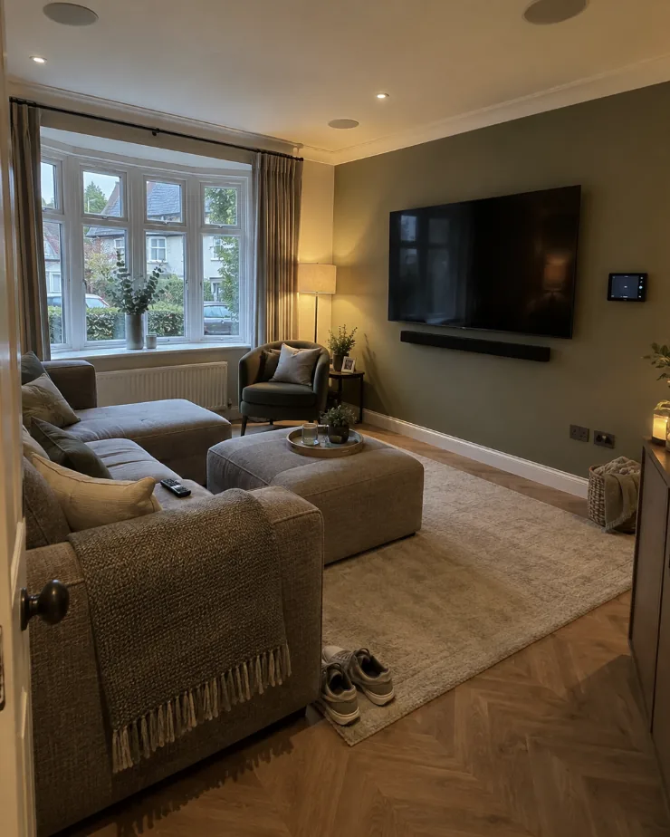 Living room with wall mounted TV and smart ambient lighting