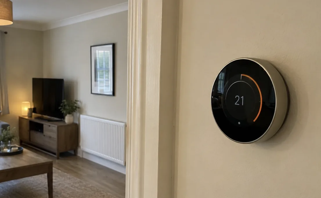 Nest thermostat on a hallway wall